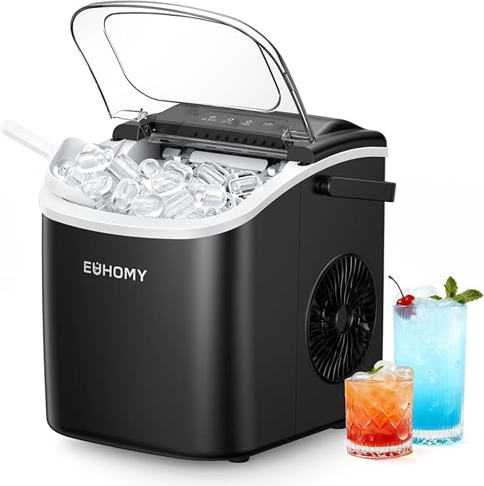 EUHOMY Countertop Ice Maker Machine with Handle, 26lbs in 24Hrs, 9 Ice Cubes Ready in 6 Mins, Auto-Cleaning Portable Ice Maker with Basket and Scoop, for Home/Kitchen/Camping/RV. (Black)
