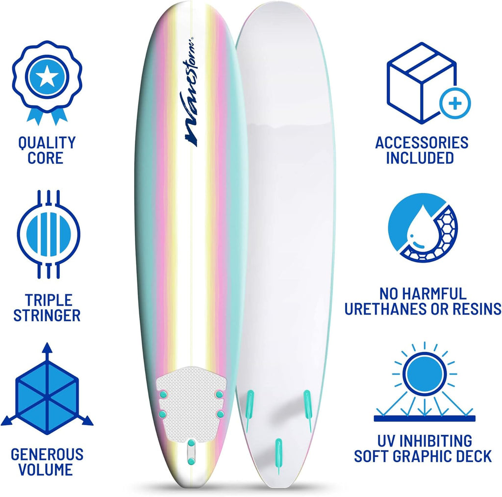 Wavestorm 8ft Classic Surfboard // Foam Wax Free Soft Top Longboard for Adults and Kids of All Levels of Surfing