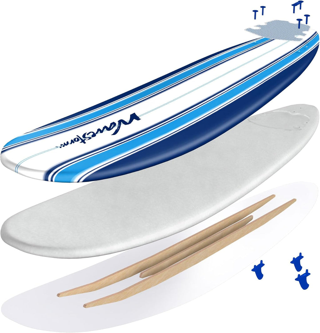 Wavestorm - Classic Soft Top Foam 7ft Surfboard Surfboard for Beginners and All Surfing Levels Complete Set Includes Leash and Multiple Fins Heat Laminated, Blue Pinline (AZ22-WSSF700-PIN)