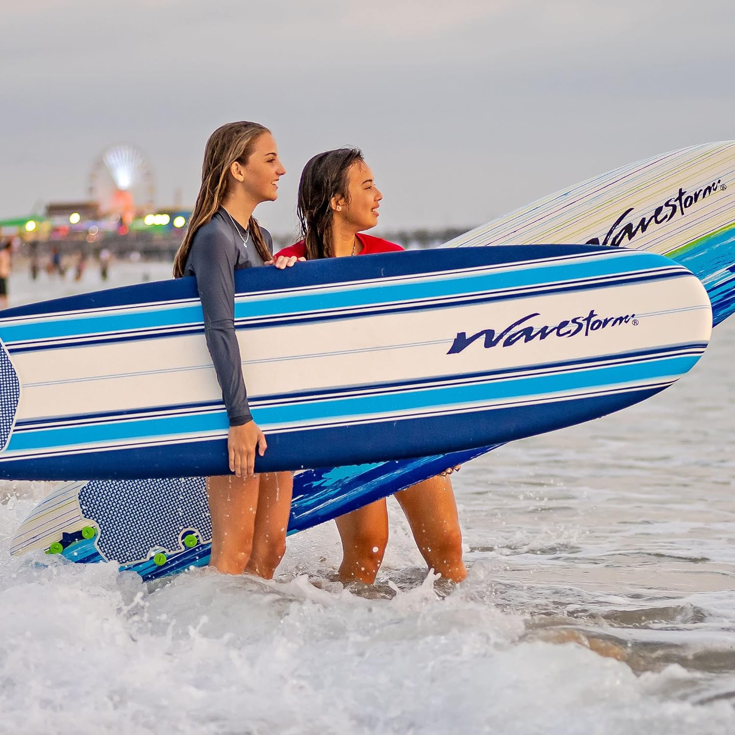 Wavestorm - Classic Soft Top Foam 7ft Surfboard Surfboard for Beginners and All Surfing Levels Complete Set Includes Leash and Multiple Fins Heat Laminated, Blue Pinline (AZ22-WSSF700-PIN)