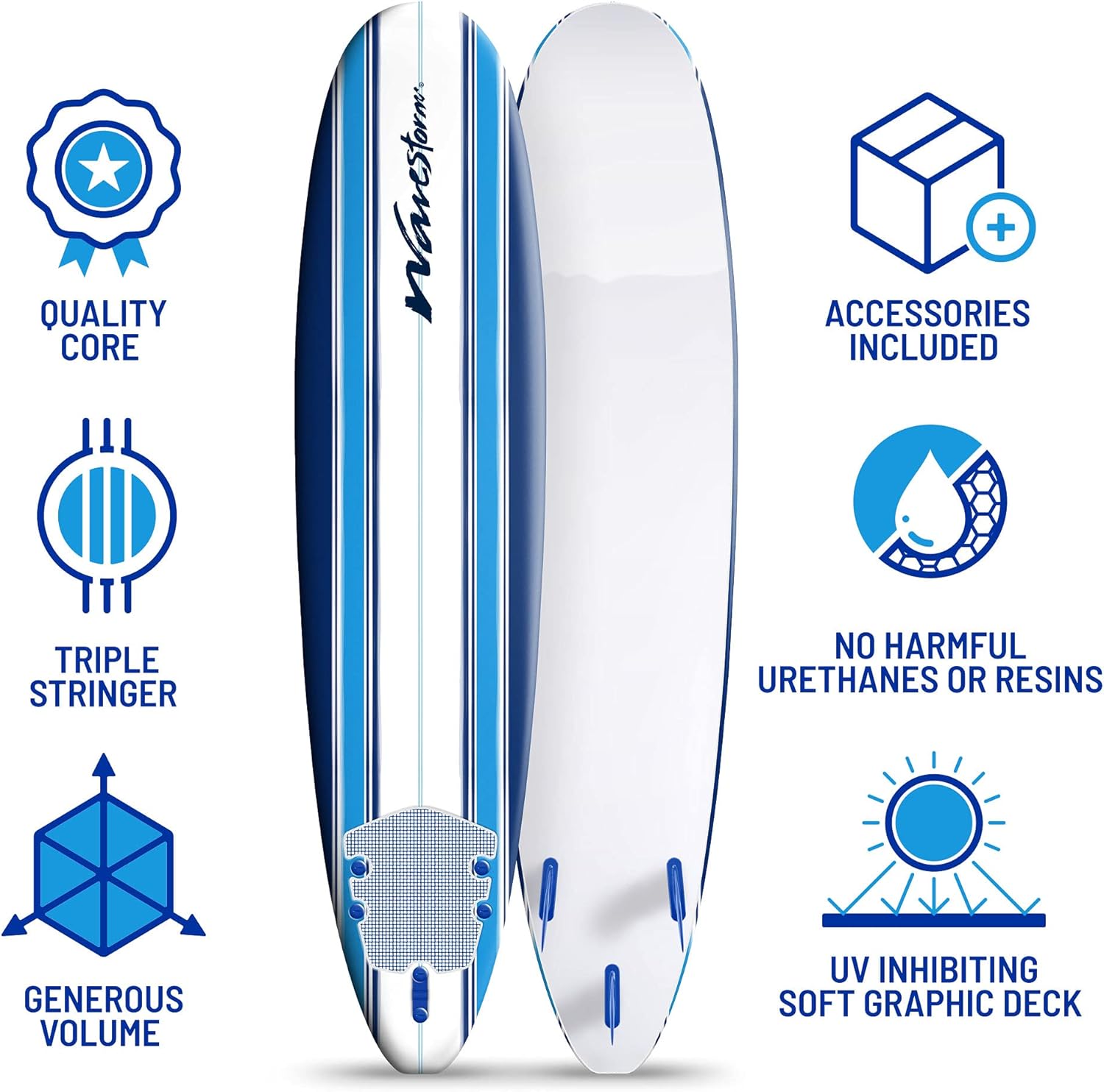 Wavestorm 8ft Classic Surfboard // Foam Wax Free Soft Top Longboard for Adults and Kids of All Levels of Surfing