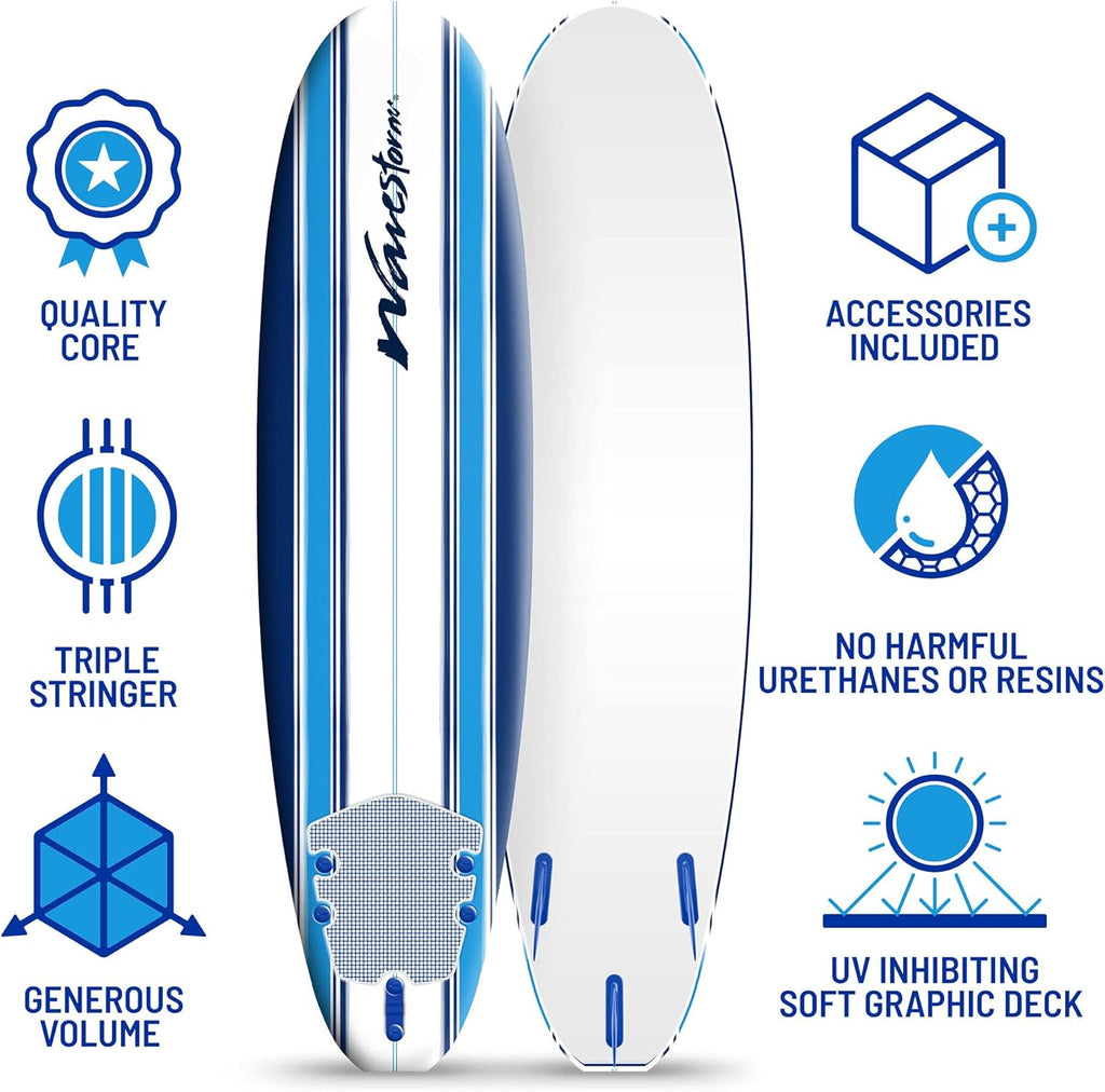 Wavestorm - Classic Soft Top Foam 7ft Surfboard Surfboard for Beginners and All Surfing Levels Complete Set Includes Leash and Multiple Fins Heat Laminated, Blue Pinline (AZ22-WSSF700-PIN)