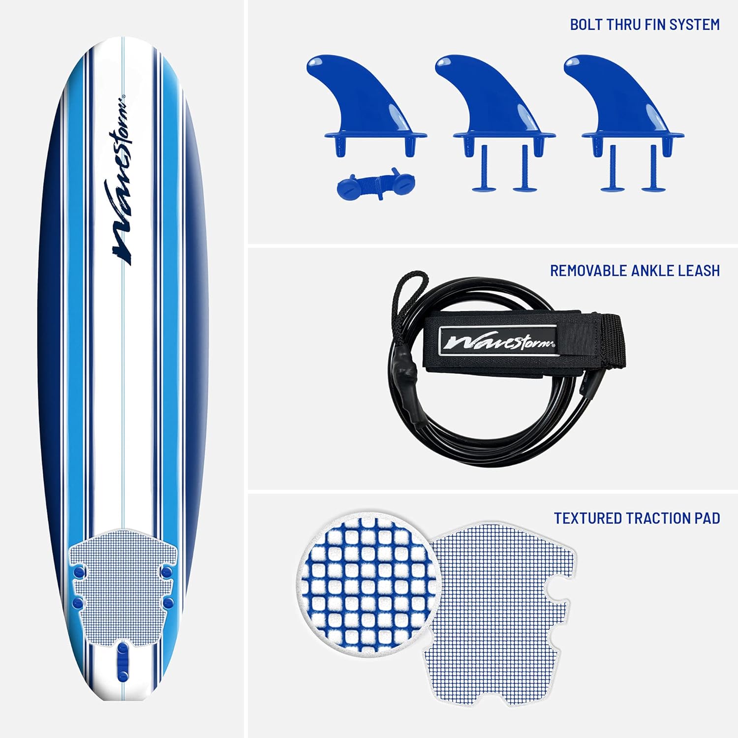 Wavestorm - Classic Soft Top Foam 7ft Surfboard Surfboard for Beginners and All Surfing Levels Complete Set Includes Leash and Multiple Fins Heat Laminated, Blue Pinline (AZ22-WSSF700-PIN)