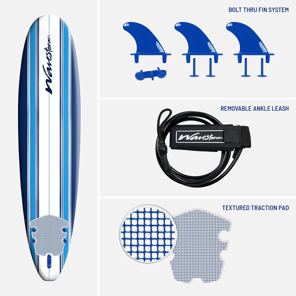 Wavestorm 8ft Classic Surfboard // Foam Wax Free Soft Top Longboard for Adults and Kids of All Levels of Surfing