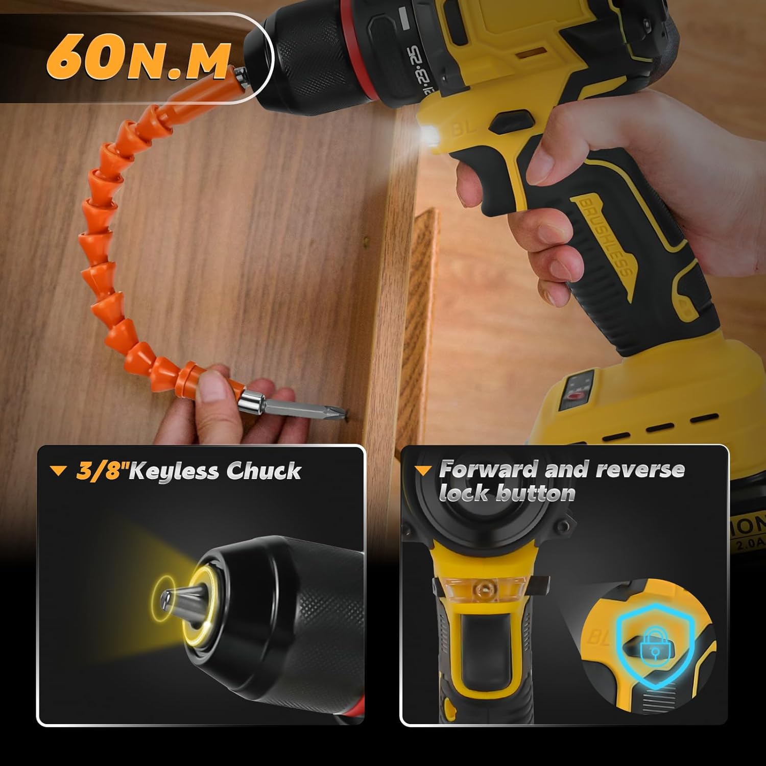 Cordless Drill Driver Compatible with Dewalt 20V Battery Brushless Two Speed